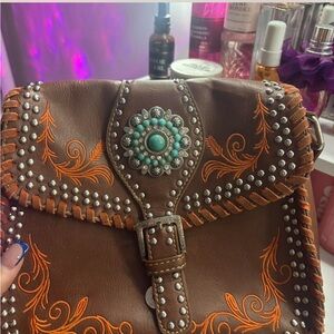 Montana West Brown Crossbody Bag with Orange Embroidery